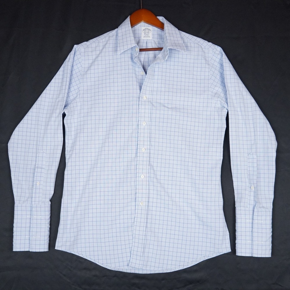 Brooks Brothers Dress Shirt Mens 15.5 33 Blue Check French Cuff Supima Cotton